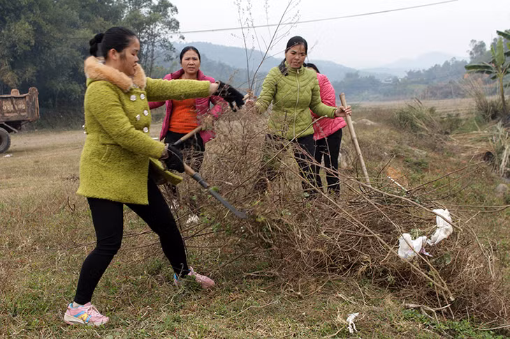 Cán bộ, hội viên Hội LHPN xã Lục Hồn (huyện Bình Liêu) tham gia dọn vệ sinh môi trường, hưởng ứng phong trào “5 không, 3 sạch”