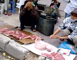 Bày bán trên vỉa hè bụi bặm là một trong những nguyên nhân khiến thịt lợn bị nhiễm khuẩn. Ảnh minh họa: Hà Đan
