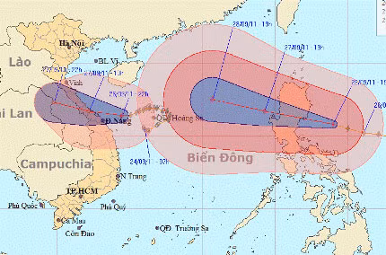 Hướng đi của 2 cơn bão lúc 0 giờ ngày 27/9. Nguồn: TTDBKTTV T.Ư