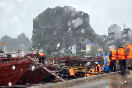 Lực lượng chức năng huyện Vân Đồn xuống tàu ra tiếp cận với các bhaf bè để đưa ngư dân lên bờ
