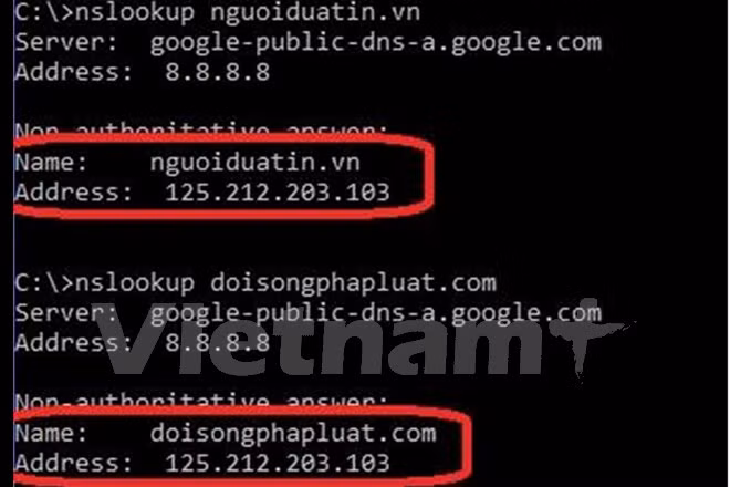Website Nguoiduatin.vn và Doisongphapluat.com được đặt trên cùng 1 server. (Nguồn: Bkav)