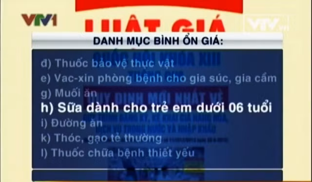  Danh mục bình ổn giá có danh mục "Sữa dành cho trẻ em dưới 06 tuổi".
