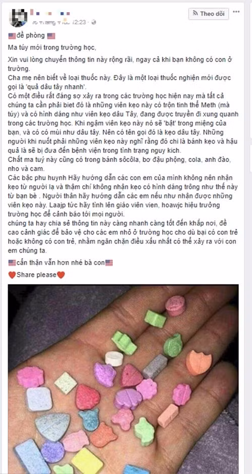 Thông tin về ma tuý "quả dâu tây nhanh" được chia sẻ trên mạng xã hội.