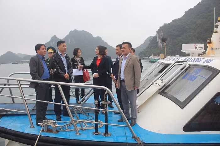 Đoàn khảo sát công tác đảm bảo an toàn giao thông đường thủy tại Cảng tàu du lịch Vân Đồn.