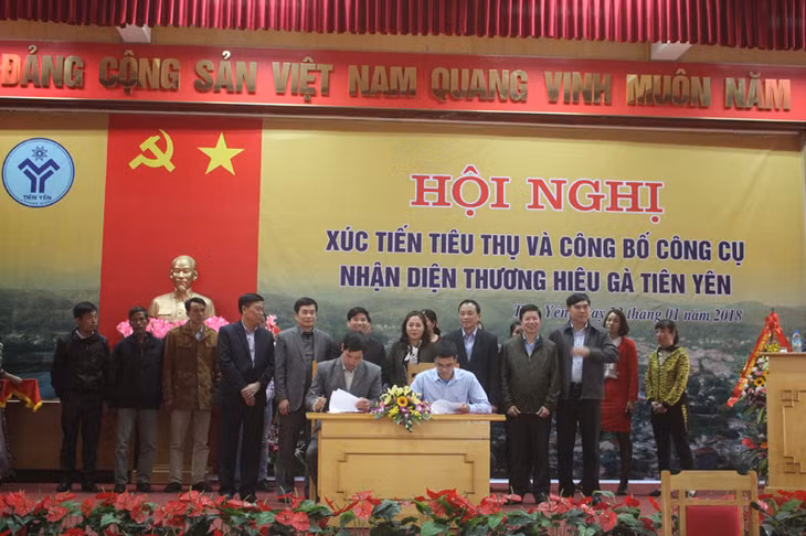 Đại diện các doanh nghiệp, hộ tiêu thụ cùng với các cơ sở sản xuất chăn nuôi gà Tiên Yên ký kết hợp đồng tiêu thụ