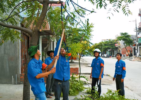 ĐVTN huyện Đông Triều tham gia chỉnh trang đô thị, phát quang cây xanh che khuất tầm nhìn.
