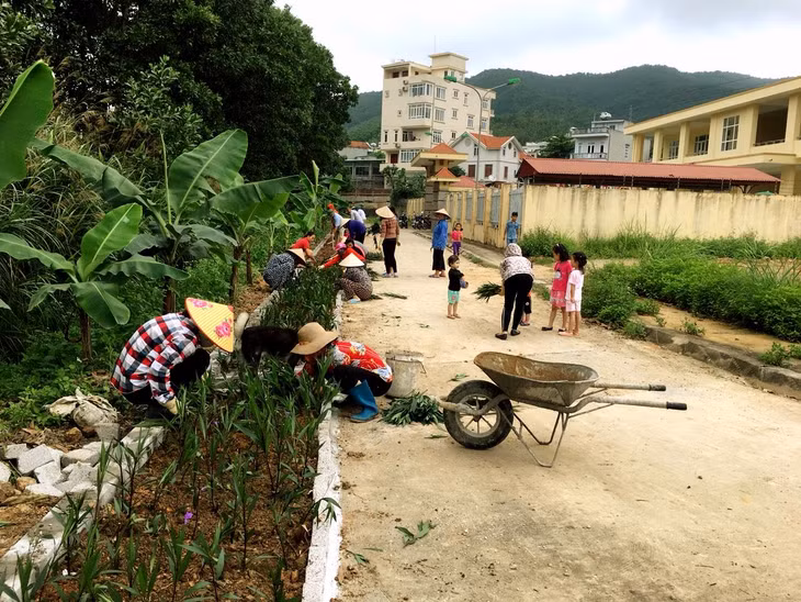 Hội viên phụ nữ xã Hạ Long tham gia xây dựng tuyến đường hoa tại nhà văn hóa thôn 12 