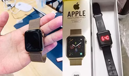 Chiếc đồng hồ Apple Watch được quảng cáo (bên trái) và sau khi mua về (bên phải). Ảnh: Lê Thành.