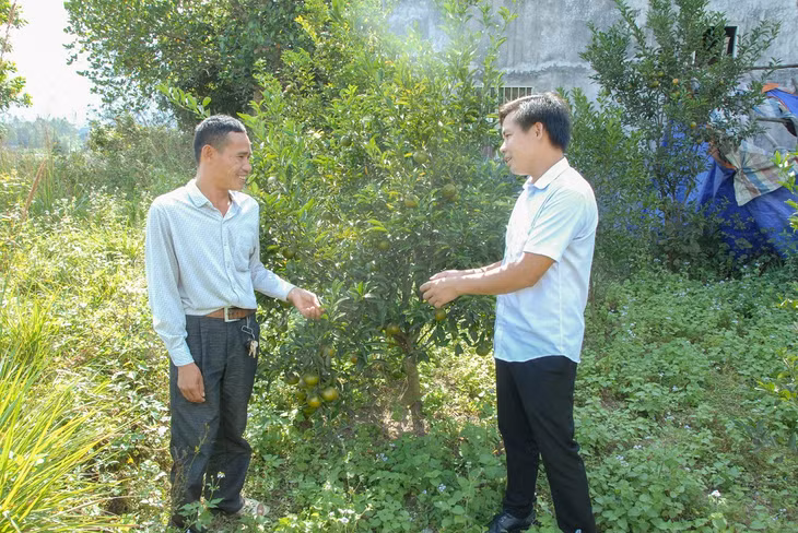 Cán bộ thôn Nà Sa, xã Hoành Mô, huyện Bình Liêu (bên phải) nắm tình hình xây dựng mô hình trồng cam của người dân trong thôn.