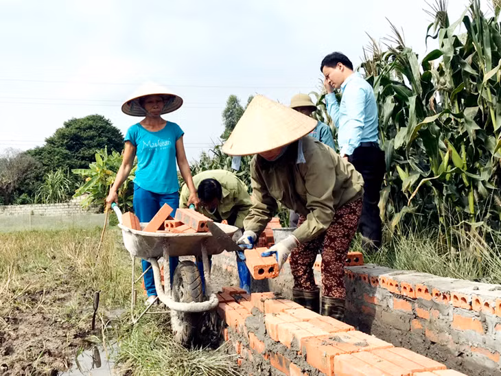 Phụ nữ thôn Đình, xã Thống Nhất, huyện Hoành Bồ tham gia xây dựng kênh mương nội đồng ở cánh đồng Bến.