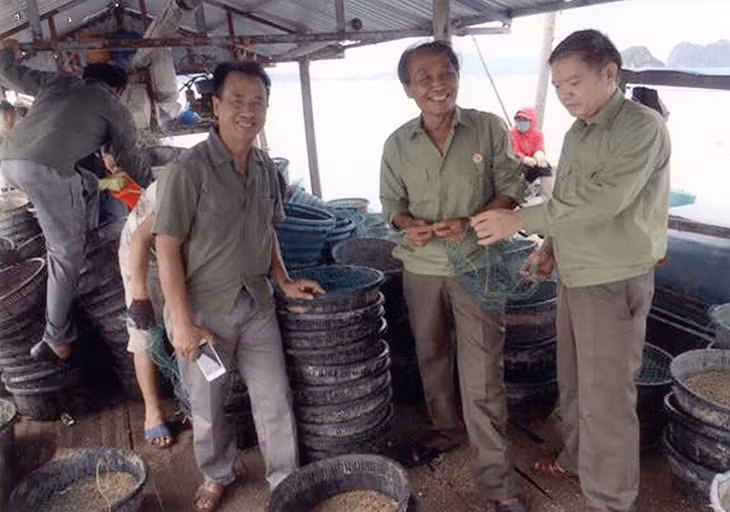 Chủ tịch Hội CCB xã Đông Xá Nguyễn Đức Sơn kiểm tra con giống, tổ hợp Phạm Văn Thìn trước khi thả nuôi.