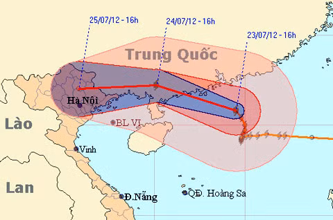 Đường đi của bão thay đổi đáng kể trong ngày 23/7 với hướng di chuyển lên phía Bắc. Ảnh: NCHMF.