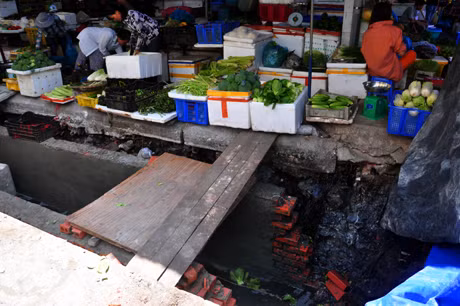 Những sạp hàng rau xanh bày bán ngay sát miệng cống.