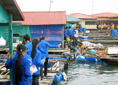 Đoàn thanh niên TP Cẩm Phả phát tờ rơi tuyên truyền phòng chống HIV/AIDS cho người dân khu vực nhà bè ở Bến Do. (Ảnh do Tỉnh Đoàn cung cấp)