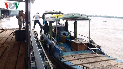 Phát hiện đò trôi trên sông trong đêm tối, ngư dân lai dắt đò về cột vào bè cá. Ảnh: Nhật Trường