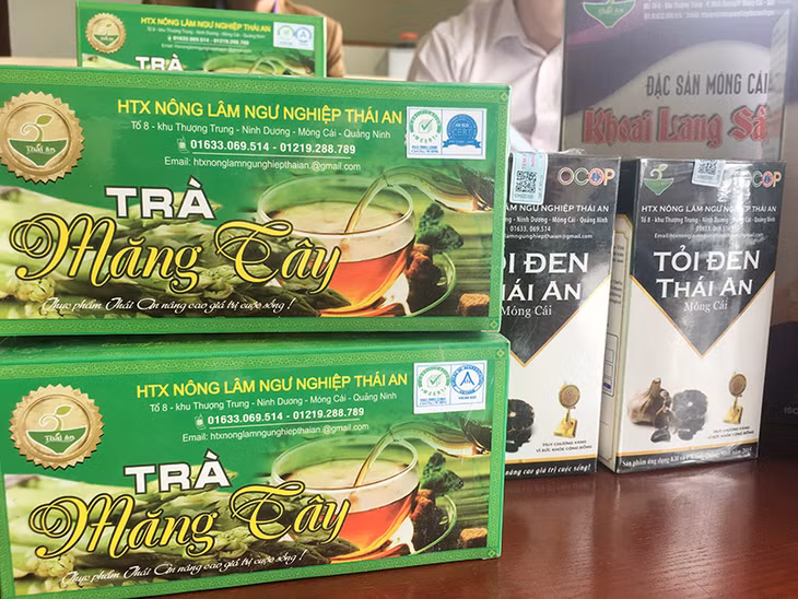 Sản phẩm trà măng tây, tỏi đen...của HTX Nông lâm ngư nghiệp Thái An tham gia tại hội chợ 