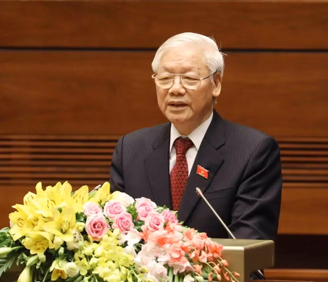 Tổng Bí thư Nguyễn Phú Trọng, Chủ tịch nước CHXHCN Việt Nam nhiệm kỳ 2016-2021 phát biểu nhậm chức Chủ tịch nước. (Ảnh: Phương Hoa/TTXVN)