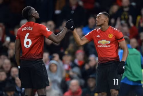 Martial chia vui với Pogba sau bàn thắng nâng tỷ số lên 2-0. Ảnh: Reuters.