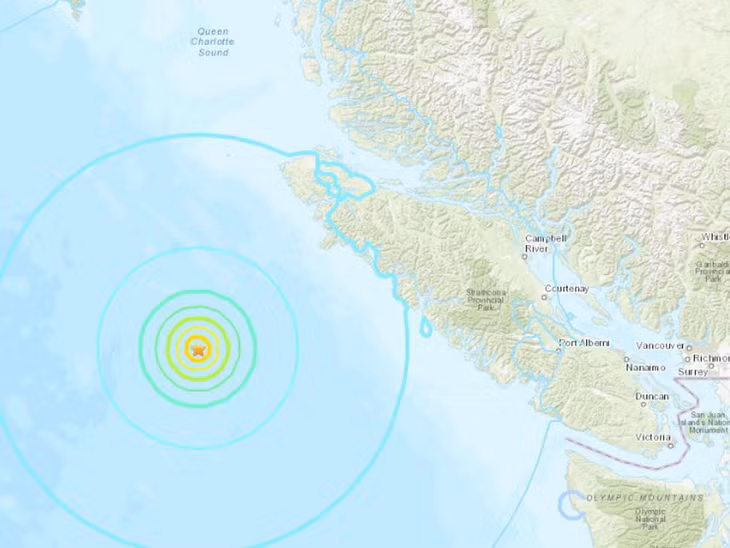 Sơ đồ vị trí khu vực xảy ra động đất mạnh làm rung chuyển tỉnh British Columbia ở cực Tây Canada. Ảnh: independent.co.uk