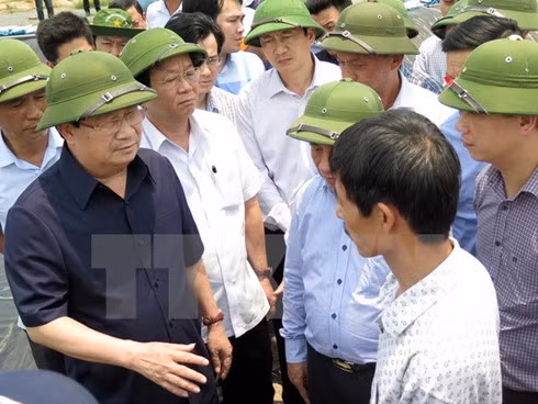 Phó Thủ tướng Trịnh Đình Dũng kiểm tra cơ sở nuôi tôm ở Công ty Grow Best tại phường Kỳ Phương, thị xã Kỳ Anh. (Ảnh: Công Tường/TTXVN)