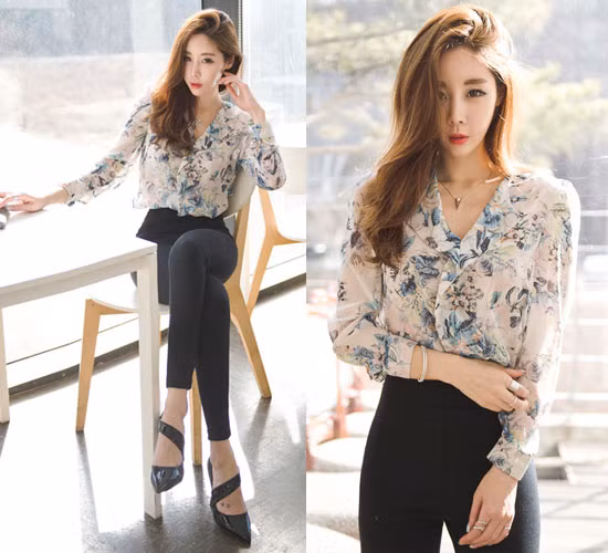  Trong những ngày nắng lên, áo sơ mi họa tiết chất liệu voan mềm mại, nhẹ nhàng sẽ giúp bạn khoe nét nữ tính và ngọt ngào. Khi kết thân với style áo nổi bật này, bạn cần tiết chế ở trang phục và phụ kiện đi kèm để tạo cái nhìn cân đối. Tốt nhất, bạn nên chọn trang phục tông màu trung tính và phụ kiện thiết kế đơn giản.