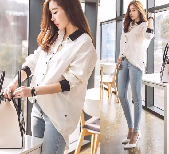 Sự tương phản màu sắc ở cổ, tay và khuy áo đã mang đến vẻ ngoài nổi bật và cuốn hút hơn cho chiếc sơmi trắng. Với dáng áo này, bạn có thể mix cùng chân váy hay skinny đều sẽ có được set đồ cuốn hút.