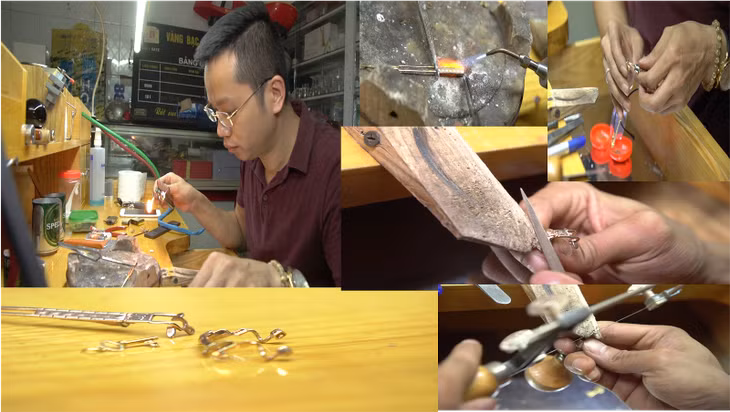 Anh Tiến đang tạo tác chiếc gọng kính với nhiều công đoạn công phu.