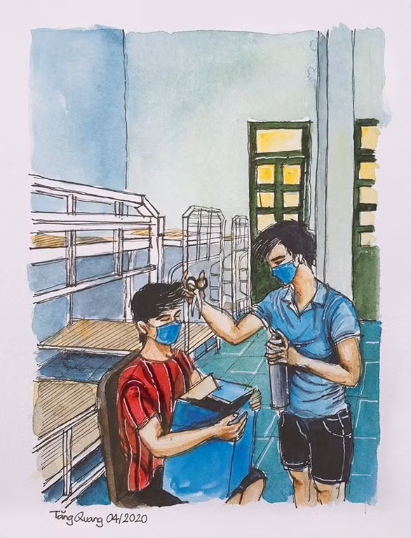 "Tụi em ở châu Âu toàn để tóc dài để cầm cự qua mùa đông, đột ngột trở về thời tiết 35 độ của Sài Gòn đều như muốn bùng cháy lên. Em bê cái thùng để hứng tóc, khỏi phải quét nhà" - Ảnh: FB nhân vật