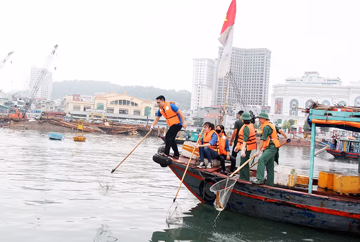 Đoàn viên, thanh niên, cán bộ, chiến sĩ biên phòng vớt rác ven bờ Vịnh Hạ Long trong Chiến dịch 