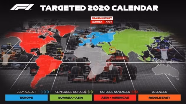  Lịch trình dự kiến của mùa giải 2020, chặng đua đầu tiên sẽ diễn ra tại Áo. Ảnh: F1.