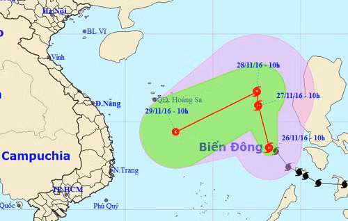 Đường đi dự kiến của Tokage theo Trung tâm dự báo khí tượng và thủy văn Trung ương. Ảnh: NCHMF.