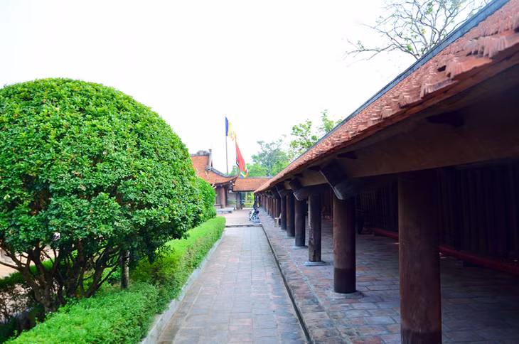 Phía trong, ấn tượng là dãy hành lang Đông - Tây thẳng tắp được chống bằng hàng chục cột gỗ lim lớn. Dù nhuốm màu thời gian nhưng các kiến trúc cửa, cột bằng gỗ lim ở đây vẫn bền vững.