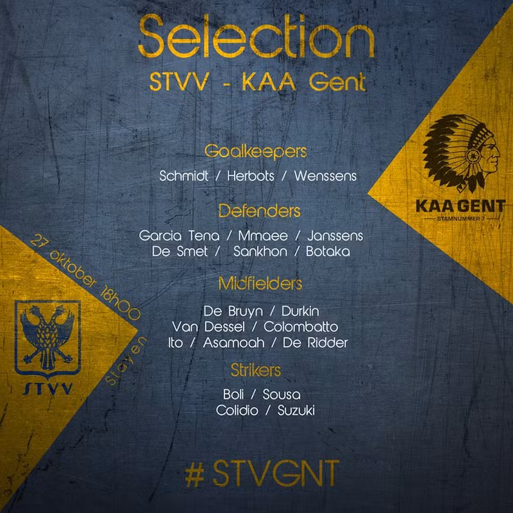 Danh sách đăng ký của Sint-Truidense ở trận gặp KAA Gent.