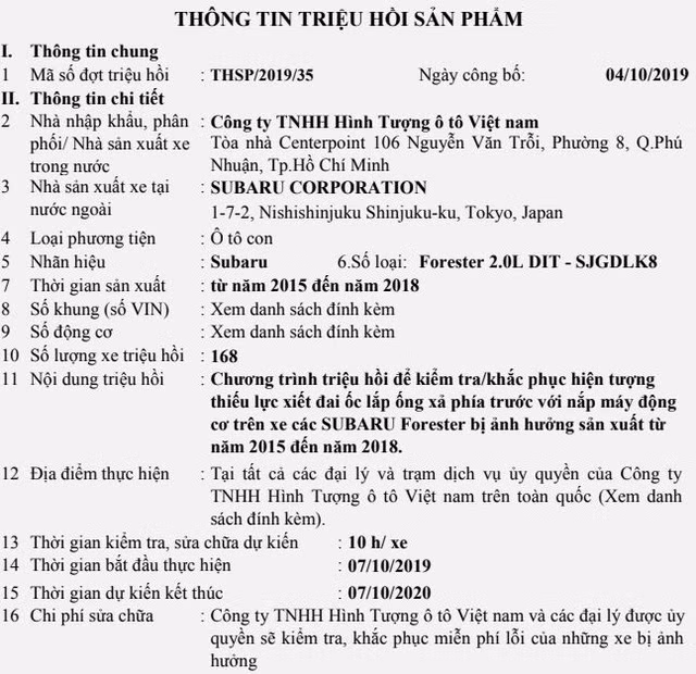 Thông tin triệu hồi sản phẩm được Cục Đăng kiểm đăng tải