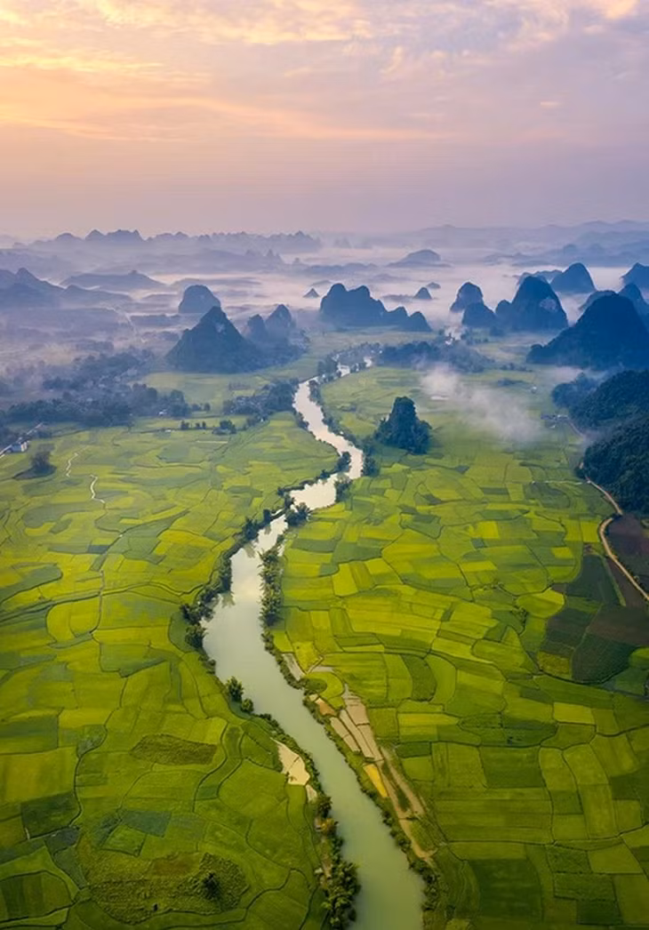 Dòng Quây Sơn bắt đầu chảy vào địa phận Việt Nam từ xã Ngọc Côn, bao quanh là đồi núi trùng điệp và những thửa ruộng chuyển sắc vàng cuối tháng 8. Nhiếp ảnh gia Phạm Huy Trung (TP HCM) vừa có chuyến săn ảnh mùa lúa kéo dài hơn một tháng tại huyện Trùng Khánh. Anh cho biết mình bị “mê mẩn” bởi cảnh sắc thiên nhiên, từ khi lúa còn xanh tới lúc chuyển vàng bên dòng Quây Sơn.