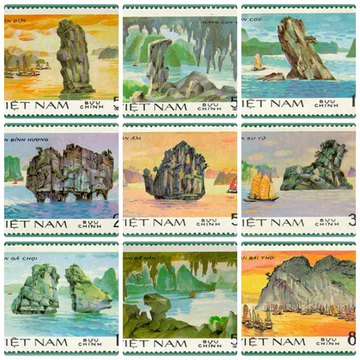 Những con tem in hình Vịnh Hạ Long do họa sĩ Nguyễn Hiệp thiết kế.
