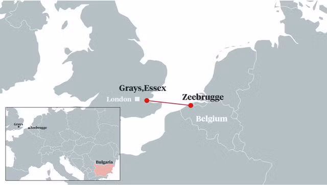Bản đồ tuyến đường từ Zeebrugge tới Essex (Ảnh: Dailymail)