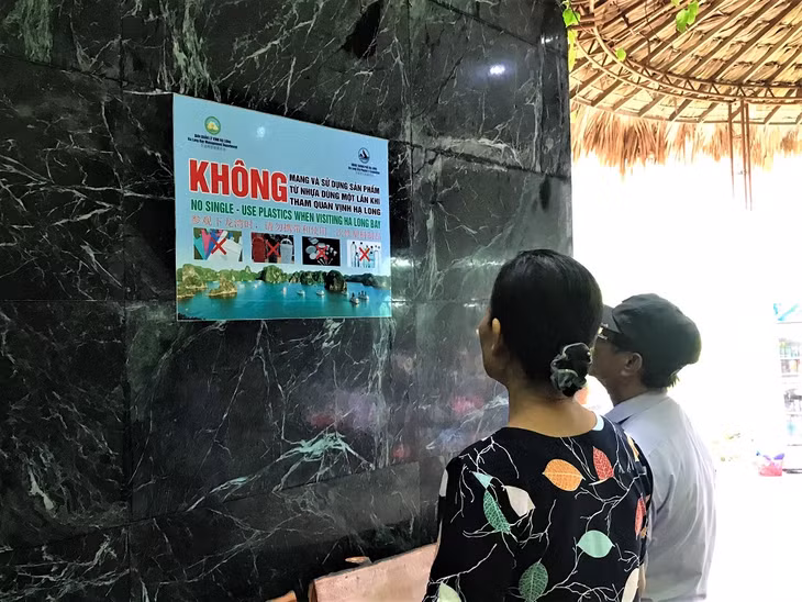 Khách du lịch đọc các bảng tuyên truyền không sử dụng rác thải nhựa tại động Thiên Cung. 
