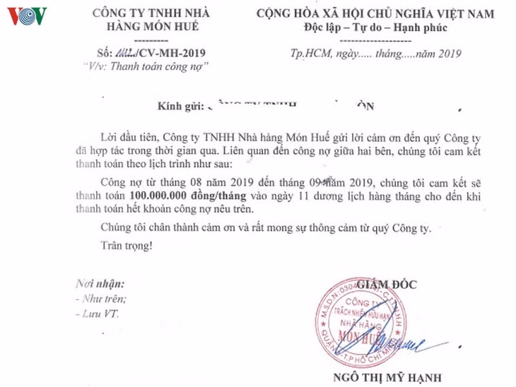 Một trong những văn bản thanh toán công nợ mà Công ty TNHH Nhà hàng Món Huế chốt với nhà cung cấp nhưng lại không ghi ngày tháng.