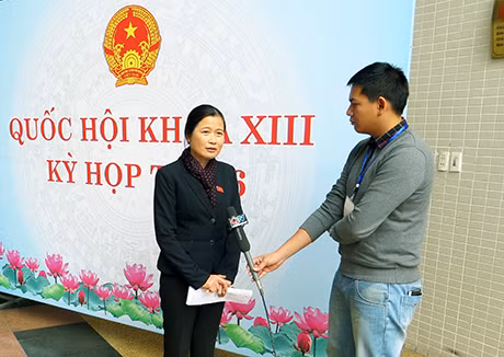 Đồng chí Đỗ Thị Hoàng, Phó Bí thư Thường trực Tỉnh uỷ, Trưởng Đoàn ĐBQH tỉnh, trả lời phỏng vấn các cơ quan báo chí của tỉnh ngày diễn ra khai mạc kỳ họp thứ 6, Quốc hội khoá XIII.
