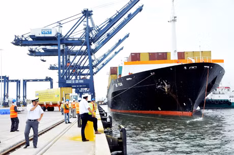 Tàu MSC PYLOS quốc tịch Morovia vào làm hàng tại bến 2, 3 và 4 cảng Cái Lân. Ảnh: Thái Cảnh