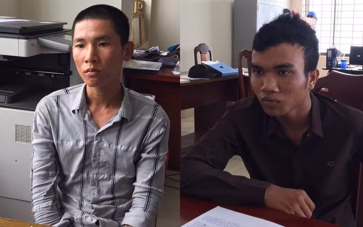 Đối tượng Dương Văn Dương (phải) và Lê Văn Thành tại cơ quan công an.