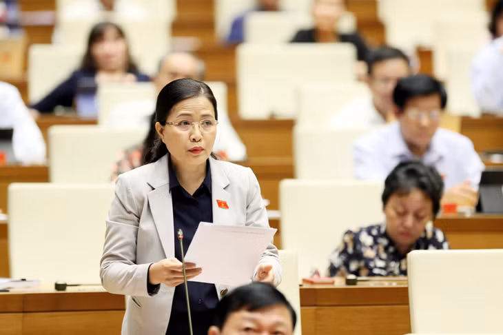Đồng chí Đỗ Thị Lan, Uỷ viên BTV Tỉnh uỷ, Trưởng Đoàn ĐBQH tỉnh phát biểu tại hội trường về Dự thảo Luật sửa đổi, bổ sung một số điều của Luật Tổ chức Chính phủ và Luật Tổ chức chính quyền địa phương