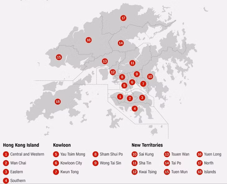 Vị trí 18 hội đồng quận ở Hong Kong. Đồ họa: CNN.