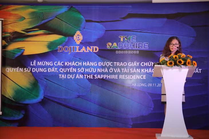 Bà Nguyễn Khánh Tâm, Phó Tổng giám đốc Dojiland - Đại diện Chủ đầu tư phát biểu tại buổi lễ.