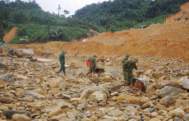 Chó nghiệp vụ Trường trung cấp 24 Biên phòng tìm nguồn hơi thi thể các nạn nhân dưới lòng sông.
