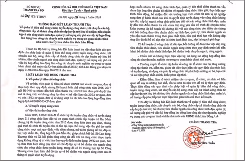 Kết luận của thanh tra Bộ Nội vụ về các sai phạm trong quản lý, tuyển dụng công chức và bổ nhiệm công chức giữ chức vụ lãnh đạo, quản lý ở tỉnh Lâm Đồng.