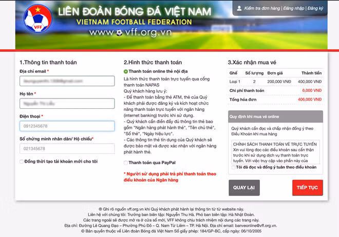 Giao diện thanh toán khi mua vé trực tuyến của VFF.