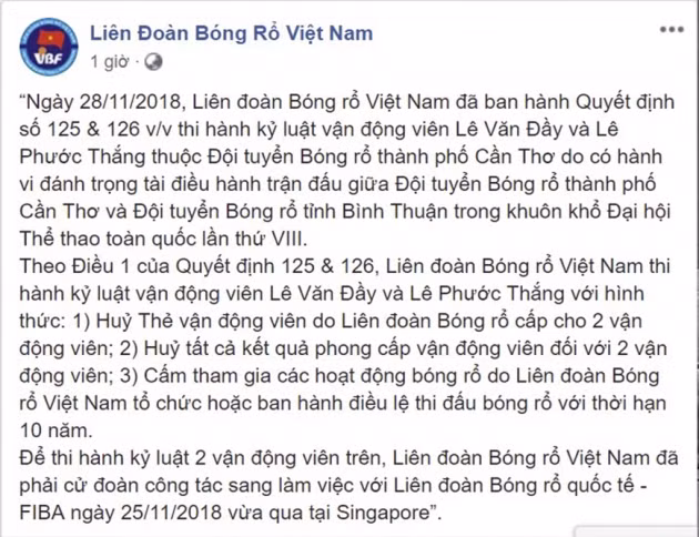  Toàn văn thông báo của Liên đoàn Bóng rổ Việt Nam.