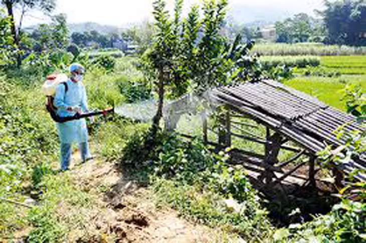 Cán bộ Trung tâm Y tế huyện Ba Chẽ phun khử khuẩn tại một số điểm bị ngập sau mưa, lũ tháng 8/2018. Ảnh: Minh Đức